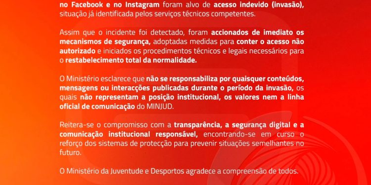 MINJUD retoma controlo das suas páginas oficiais nas redes sociais após invasão